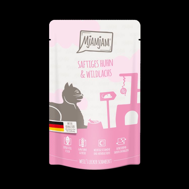 MJAMJAM gato adulto pollo y salmón salvaje pouch