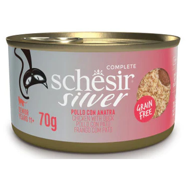 SCHESIR gato adulto Silver filete de pollo y pato mousse lata 70 gr