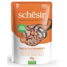 SCHESIR gato adulto atun, pollo y gamba gelatina pouch 85 gr