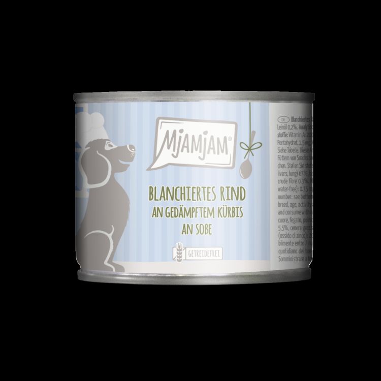 MJAMJAM perro adulto vacuno y calabaza salsa lata