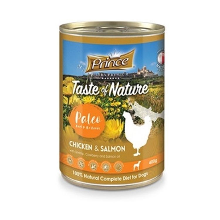PRINCE perro adulto pollo salmon y mandarina lata 400 gr