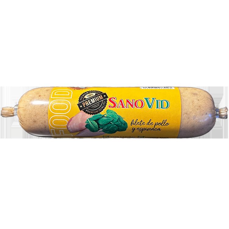 SANOVID perro salchicha pechuga de pollo y espinacas 300 gr